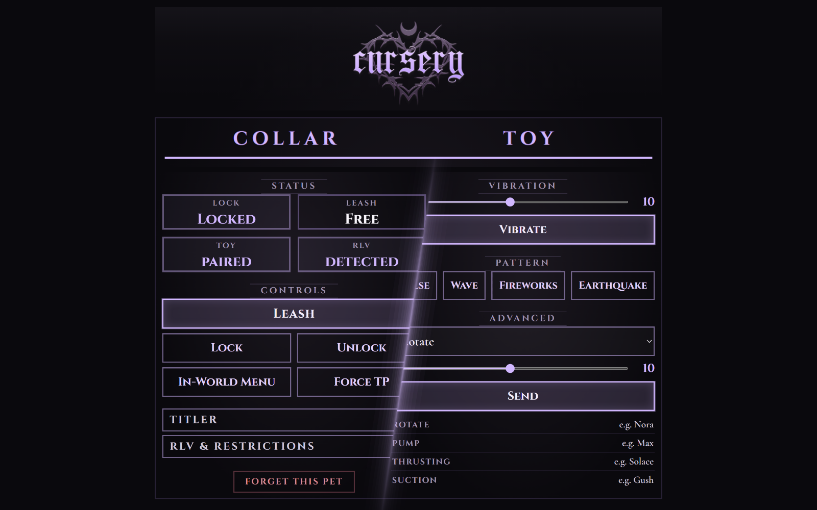 The CurseCollar owner HUD, showing its Collar and Toy tabs